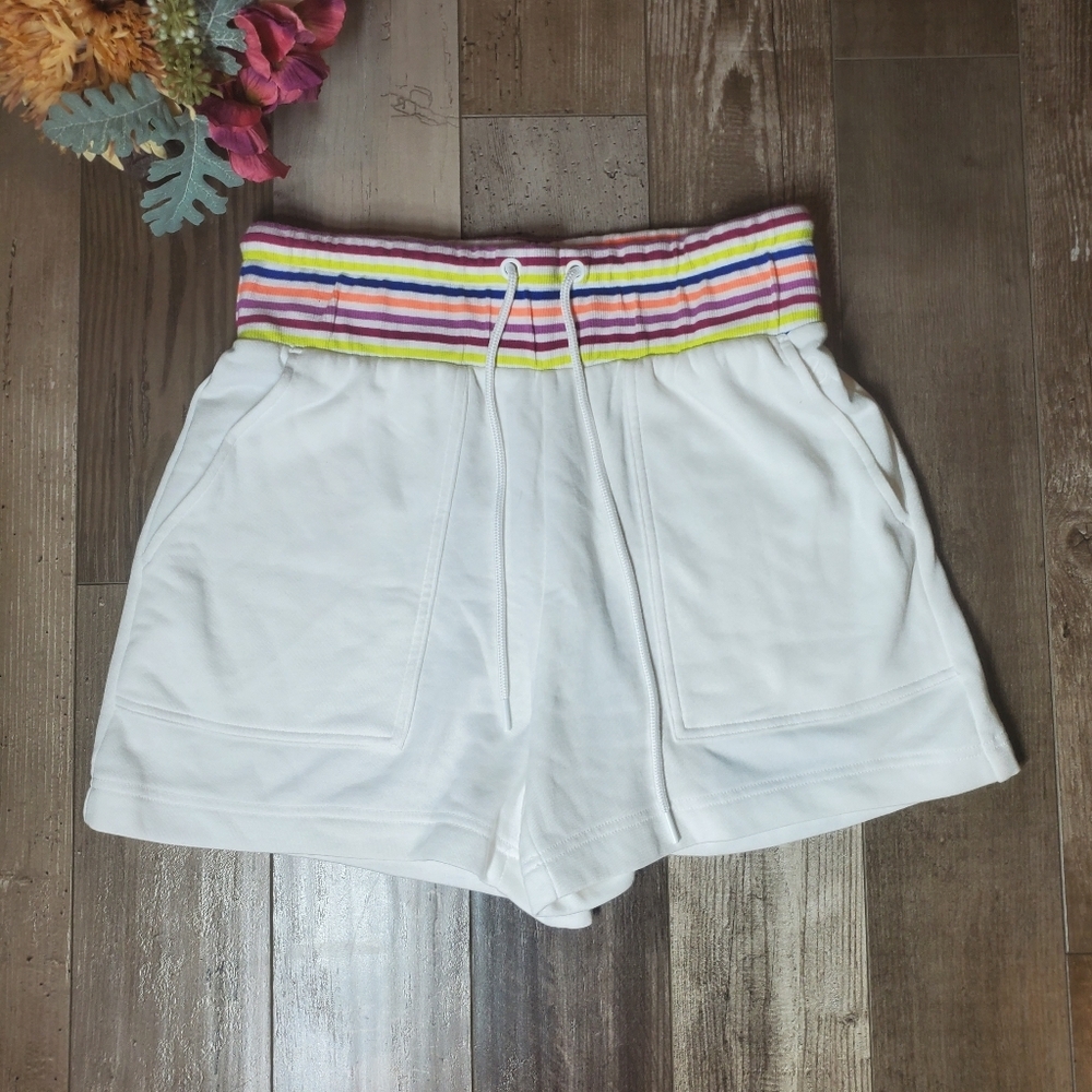 Lou & Grey White Sweat Shorts Colorful Striped Waistband Drawstring Pockets NWOT